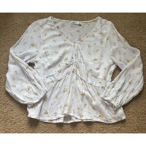 Hollister Woman's White Cropped Puff Sleeve Top Shirt Small Bohemian Floral